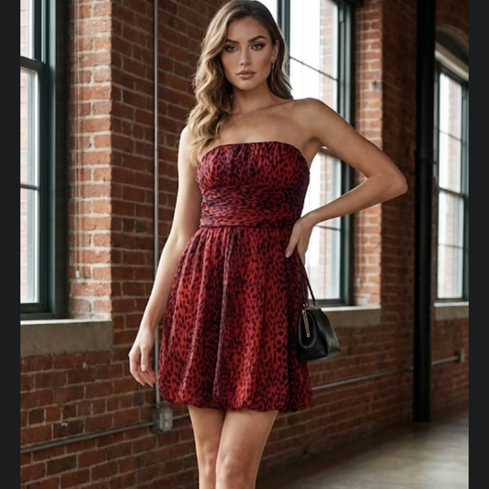 ZARA Silk Red leopard strapless dress